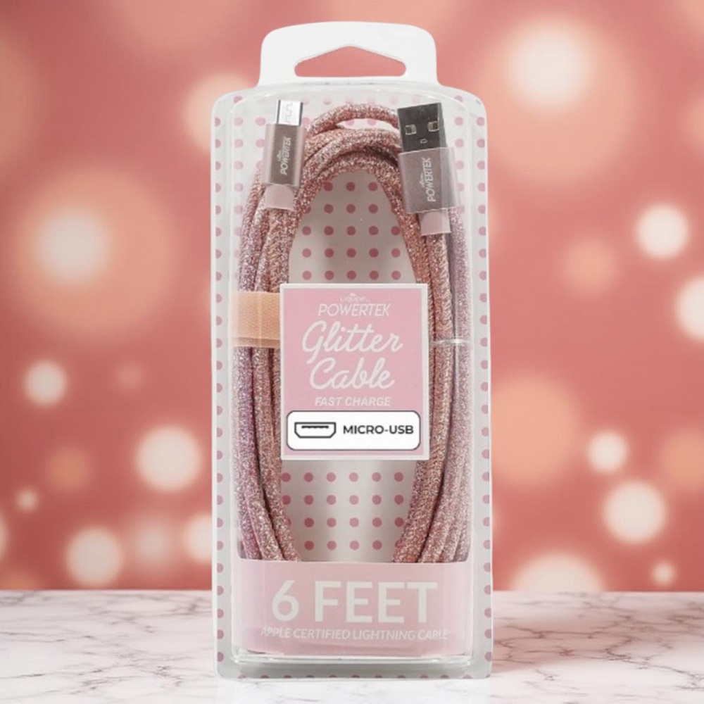 6’ Fast Charging Liquidel Powertek Rose Gold Glitter Micro USB to USB-A Charger